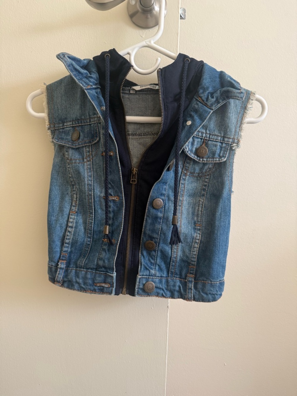 Highway Jeans Blue Denim Hooded Vest with Navy Hood